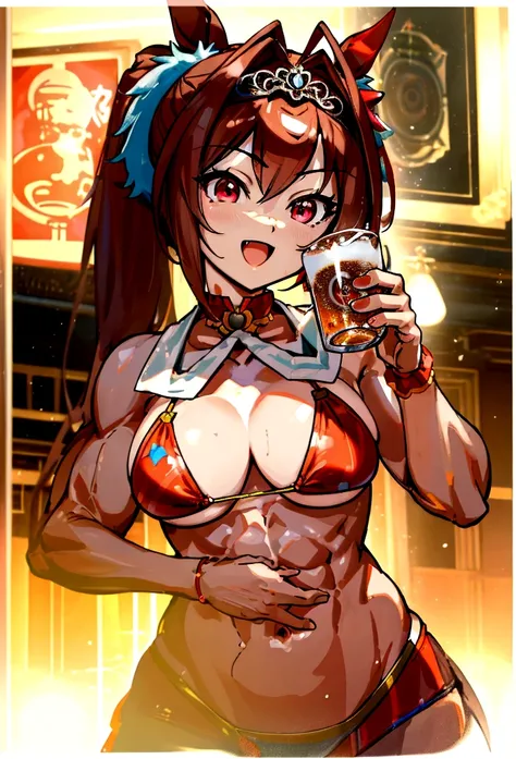 Daiwa Scarlet (umamusume), ((Abdominal muscles)), ((Muscular body)),Brown Hair, Hair intake, Red eyes, length, Smooth Pigtails, (Red Micro Bikini), Horse tail, (非常にdetailedな), Large Breasts、Super big breasts、Beautiful breasts、(unity 16k wallpaper, masterpi...