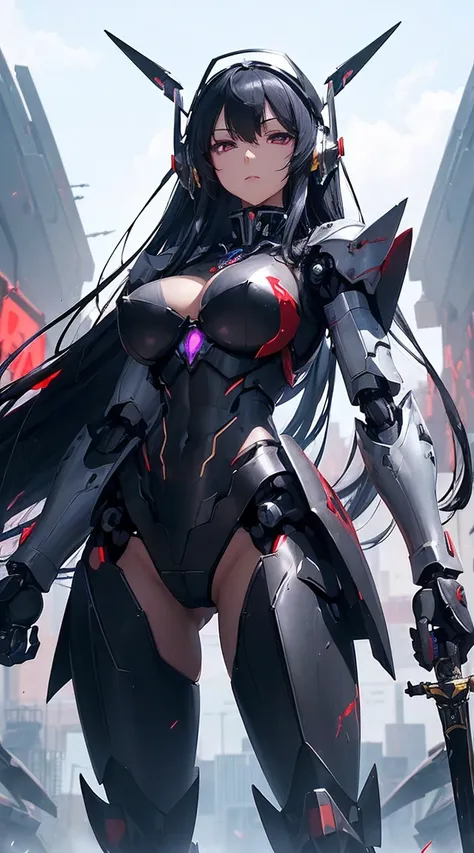 ((Shining lenses on both breasts:1.3))、((Pillars of red light radiate from both chests..:1.3))、((Attack pose:1.6))、((He has a red sword and a long rifle:1.6))、((Battle Scenes:1.8))、((8K)), ((32k)), ((Highest quality)), ((masterpiece)), ((超A high resolution...