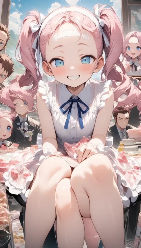 Painting art、cute、overhaul、Sitting cross-legged in front of the work, Selling your body at a soapland、(pink hair, twin tails twin drill, show your forehead, blue eyes, White frilled white headband, slanted eyes, smile, long sideburns, curled bangs, neck ri...