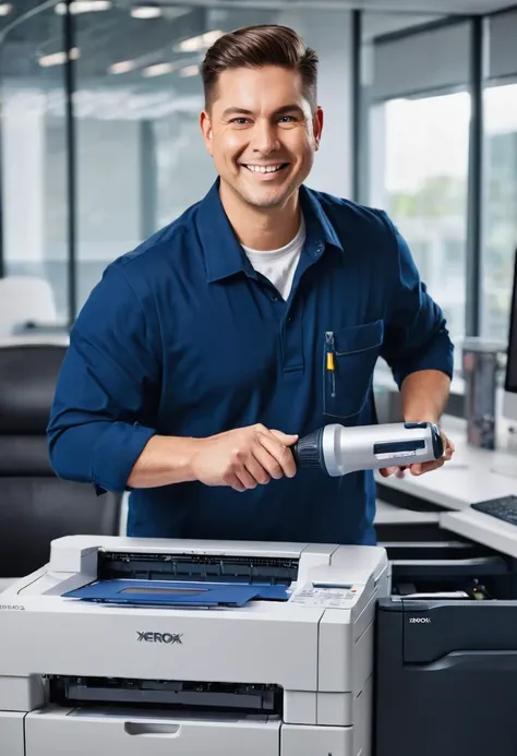 "Create an image of a male employee dressed as a technician, holding a screwdriver and repairing a Xerox C7855 copier inside a modern office. The office should have contemporary furniture such as a desk, chair, and shelves, along with various office equipm...