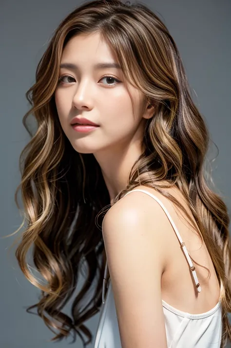 loose wavy hair、brown hair with highlights、best image quality、simple white studio、Photo from the front