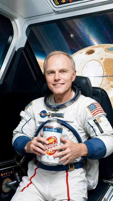 Create an image of astronaut John Glenn in his space suit holding a can of Pringles. Show him smiling and ready to enjoy the snack. The background should feature the interior of a spaceship with control panels and a window showing a view of space.