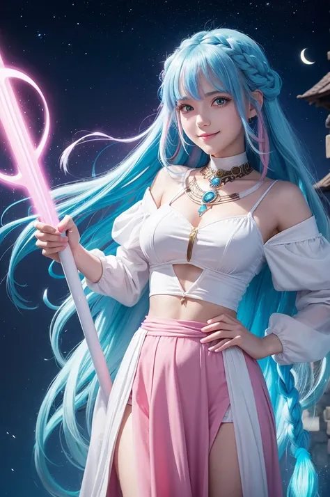 make me an image in the style of the anime magi the labyrinth of magic with the following characteristics: 18 year old girl, blue hair with pink highlights, long hair prices in a braid, pink right eye blue left eye, black top blouse, white wide pants, half...