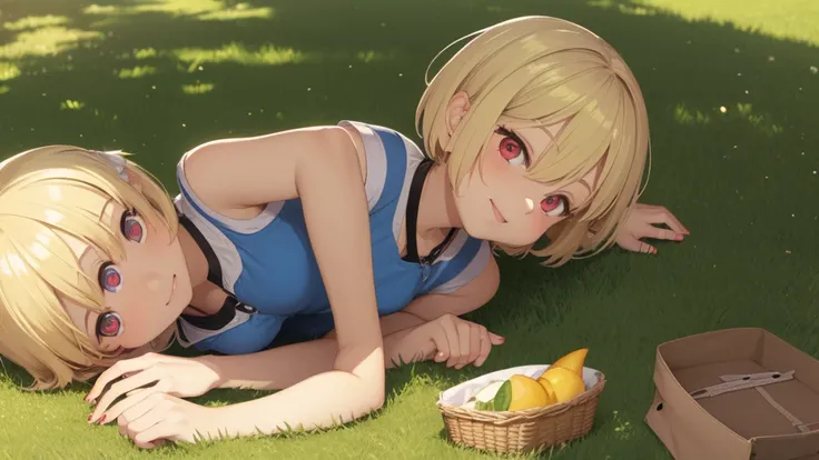 pretty girl, cute, happy, blonde hair, Pigtail short hair, red eyes, gentle looking eyes, summer, picnic, park