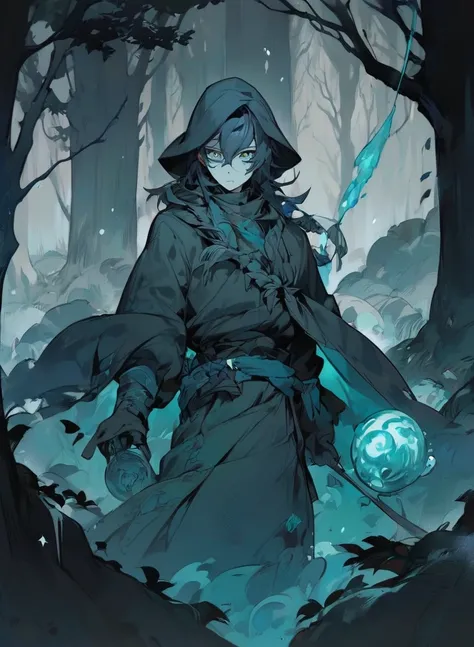 young man ,Male Dark, dark Woods, cold colors, odd eye, sorcerer dnd