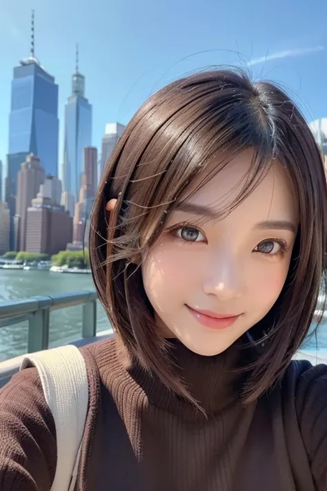 (((face close-up)))、(((brown, shoulder-length, straight short bob)))、(((she has the new york skyline in the background、posing li...