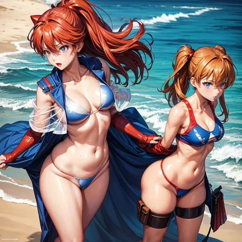 Soryu Asuka Langley is wearing a Captain America costume on the beach. The costume is severely damaged, exposing her breasts. She has a plump, voluptuous, and tall figure.