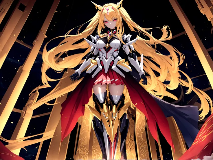 a beautiful magical girl with long blond hair and red eyes, wearing a magical girl style leotard combined with mecha style skirt and other mecha style accesories, full body turned towards the viewer, detailed face, extremely detailed eyes and face, hyper d...