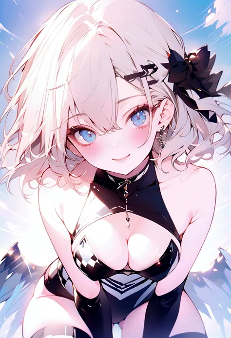 beautiful, masterpiece, Highest quality, anime, One girl, C Cup,Portrait Shot, View your viewers, Intricate details,>,((Covered、Short Hair、nearby、Blue Eyes、art、、White hair,Blue streaked hair、wallpaper、、hairpin、smile、Race Queen、Thigh、Knee-high boots、blue sk...