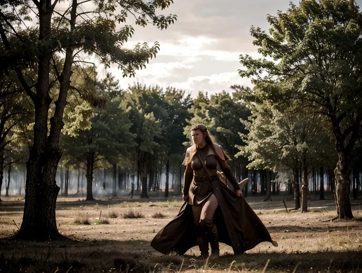 angry viking woman, battlefield, trees in fire