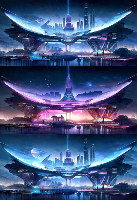 Future city at night with futuristic train and futuristic buildings, Futuristic concept art, A futuristic city in another world, Fantasy sci-fi city, beautiful City of the Future, futuristic utopian city, Concept art 8k resolution, Concept art 8K resolutio...