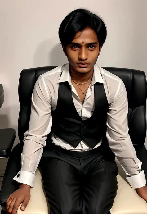 a 17 years old Indian bihari man, honey skin, short black hair, wearing black suit & pant, sitting on black office chair, image fill, best quality, 1080P, HD, 16k, super detail