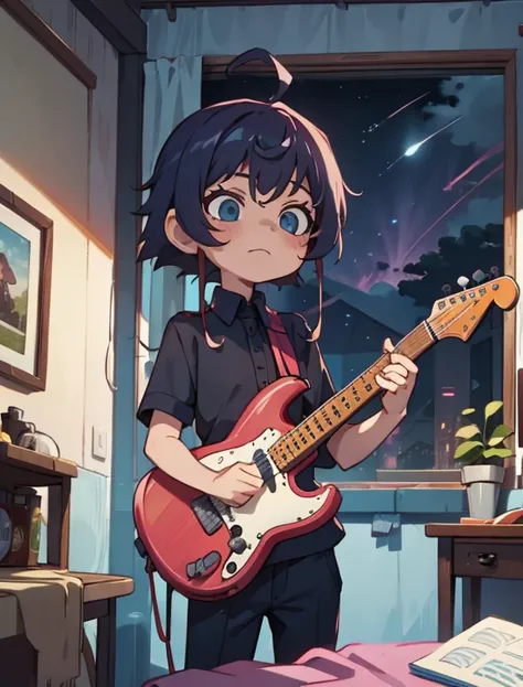 masterpiece,best quality,guitar boy,cozy room,night sky