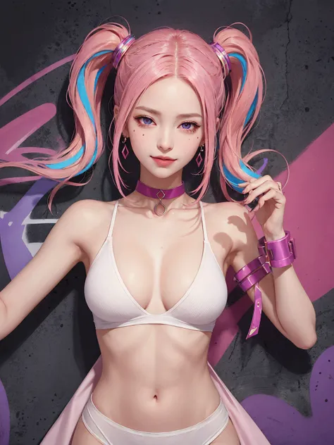 (Masterpiece, best quality, 1 girl, alone, complicated details, Chromatic aberration), realistic, ((Moderate breath)),long hair, pink hair, Red headpiece, Pink Highlights, hair on one eye,purple eyes, earring, sharp eyes, choker, Neon coat, She wears a col...