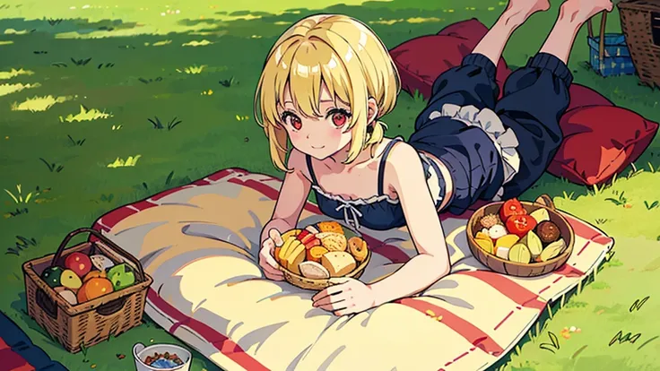 pretty girl, (Kid 1.3), cute, happy, blonde hair, Pigtail short hair, red eyes, gentle looking eyes, summer, picnic, park