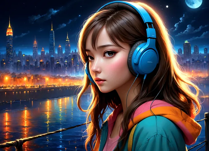 masterpiece, highest quality, beautifully (One girl), Very detailed,colorful, Most detailed、headphones on, night time 