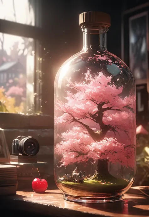 Cherry tree in a bottle, fluffy, Actual, Refraction of atmospheric light, photograph：Lee Jeffries, Nikon d850 film stock photos 4 kodak portra 400 camera f1.6 shots, colorful, ultra Actual Actual textures, Dramatic lighting, Unreal Engine Trends on artstat...