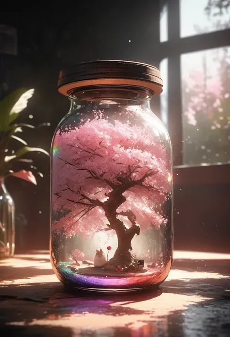 Cherry tree in a bottle, fluffy, Actual, Refraction of atmospheric light, photograph：Lee Jeffries, Nikon d850 film stock photos 4 kodak portra 400 camera f1.6 shots, colorful, ultra Actual Actual textures, Dramatic lighting, Unreal Engine Trends on artstat...