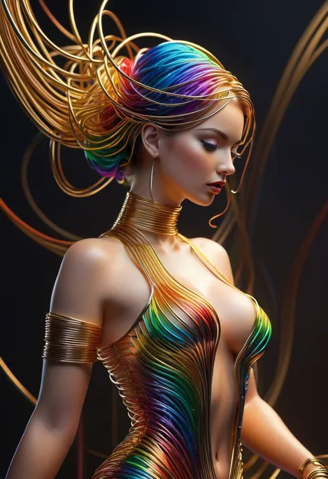 (line art:1.5)，colored lines，a beautiful girl,model shoot style,abstract paintings, (Extremely detailed CG unified 8k wallpapers), A chaotic storm of lines emerges from a complex rainbow of smoke overhead., Stylized abstract portrait of a beautiful girl,He...