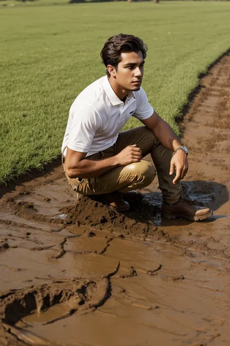 A young adult wearing white polo tucked in brown pants crawling in the grass getting mud on him
