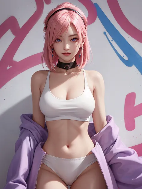 (Masterpiece, best quality, 1 girl, alone, complicated details, Chromatic aberration), realistic, ((Moderate breath)),long hair, pink hair, Red headpiece, Pink Highlights, hair on one eye,purple eyes, earring, sharp eyes, choker, Neon coat, She wears a col...