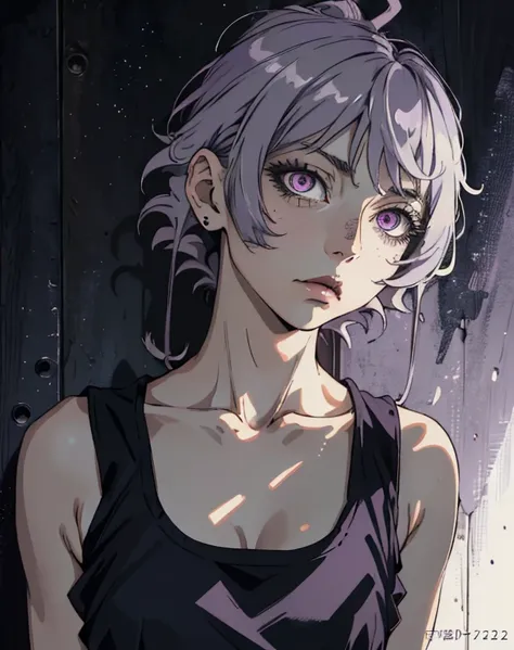 ((masterpiece, best quality)), (1girl, anime girl in retro style),(mature), (solo), (female focus), (grey hair, messy hair, long hair),((pale purple eyes, sharp eyes)) ((exposed shoulder, tank top)), pale skin, evil, vicious, portraits, close up, upper bod...