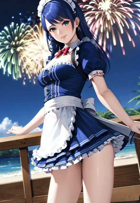 lobelia, 1girl, maid outfit, look at the view, balconies, fireworks, high quality, masterpiece