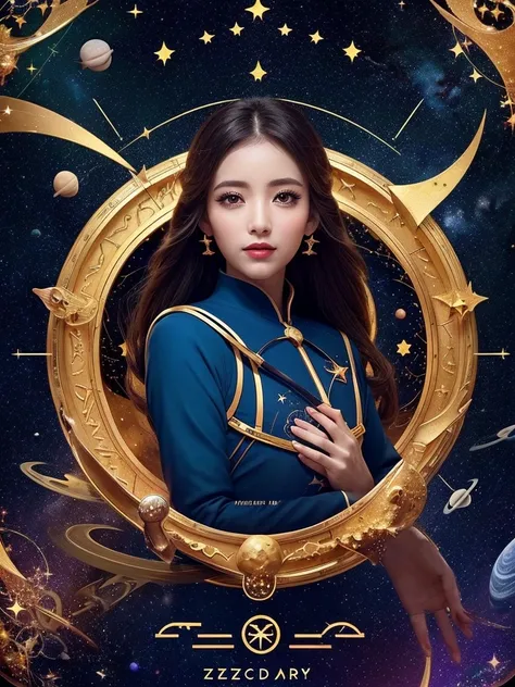 One Zodiac Goddess from the Future, Zodiac goddess wearing ao dai to hide her chest, The Zodiac Goddess wears a bright yellow gold vest, 女神は明るいピンク紫色のconstellationのオーラを放っている, 星は12constellationの形をしています, Zodiac goddess wearing a golden zodiac ao dai with many...