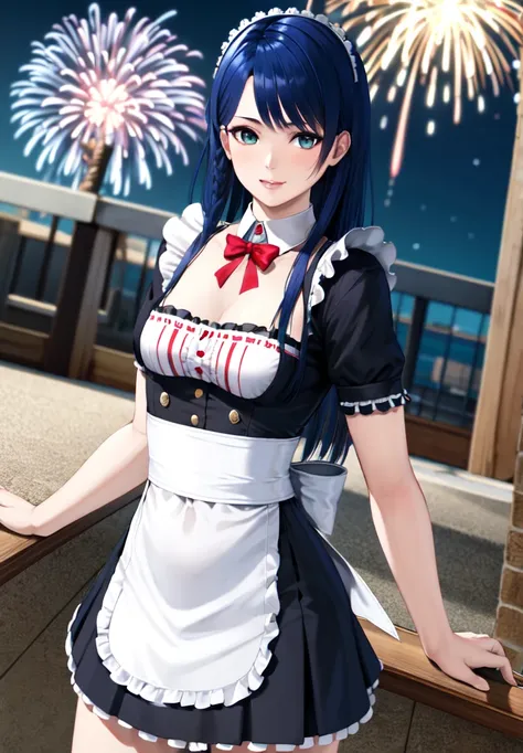 lobelia, 1girl, maid outfit, look at the view, Balconies, fireworks, high quality, masterpiece