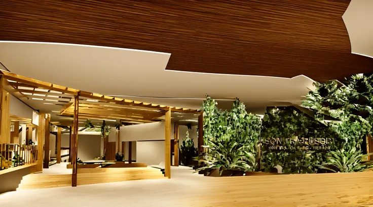 
retain visual details, luxurious reception area entrance, bamboo wood materials