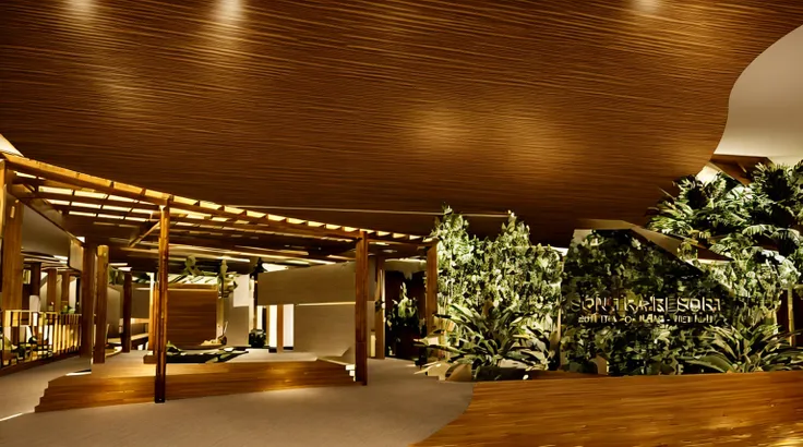 
retain visual details, luxurious reception area entrance, bamboo wood materials