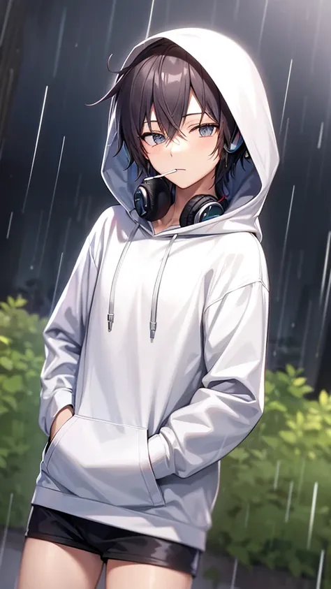 Anime boy wearing headphones smoking in the rain wearing hoodie