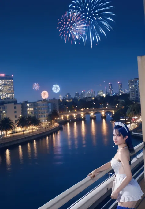 lobelia, 1girl, maid outfit, look at the view, balconies, fireworks, high quality, masterpiece