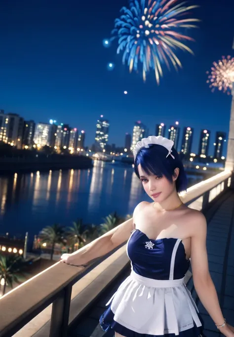 lobelia, 1girl, maid outfit, look at the view, Balconies, fireworks, high quality, masterpiece