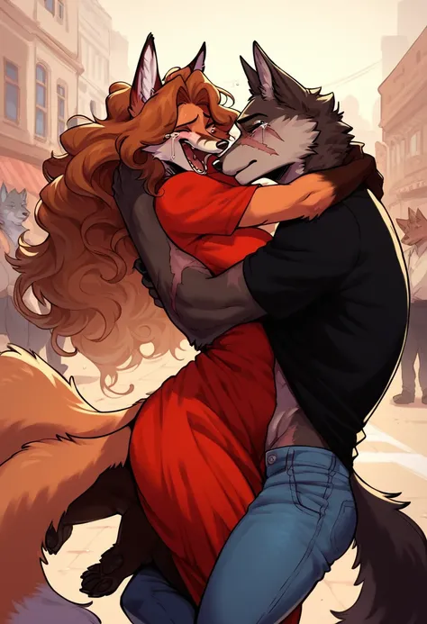 score_9, score_8_up, score_7_up, city, town park square, daytime, crowd on background, sunny, happy, joyful, love, reunion, face to face, (kissing:0.5)

((fox:1.2), anthro, female, dark brown fur, long flowing hair, beautiful, wearing a dress, crying tears...