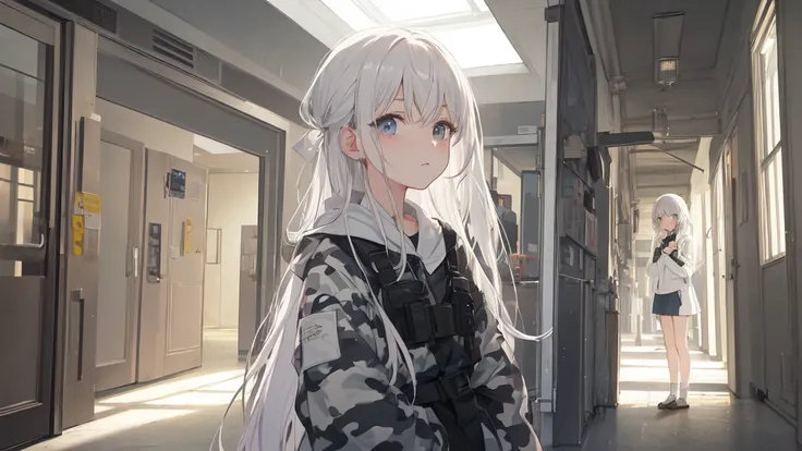 masterpiece:1.2), best quality ,pixiv, anime girl ，long straight white hair , black eyes ,Wearing off-white camouflage uniform ,ten years old，(Eyes looking into the distance:1.3)，(look away:1.5)，Girl standing in closed hospital corridor，