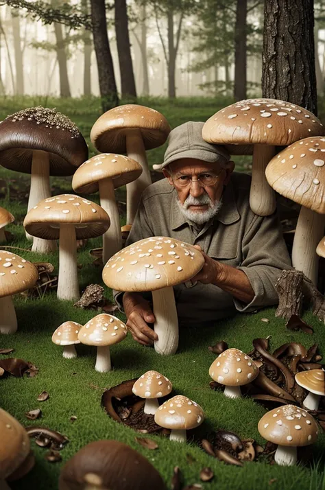 Grandfather lies among the mushrooms, Photorealism, hyperrealism