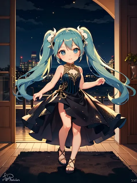 (Evening Dress:1.5), Hatsune Miku, (chibi), full body, (masterpiece), highest quality