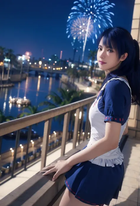 lobelia, 1girl, maid outfit, look at the view, Balconies, fireworks, high quality, masterpiece