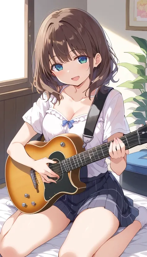 woman sitting and playing guitar、Brunette with fluffy hair、precision 6 string Acoustic guitar:1.2、Anatomically correct fingers、Acoustic guitar、1 guitar only、まっすぐLook forward歌ってください、(Look forward:1.2)、There are a lot of cats around