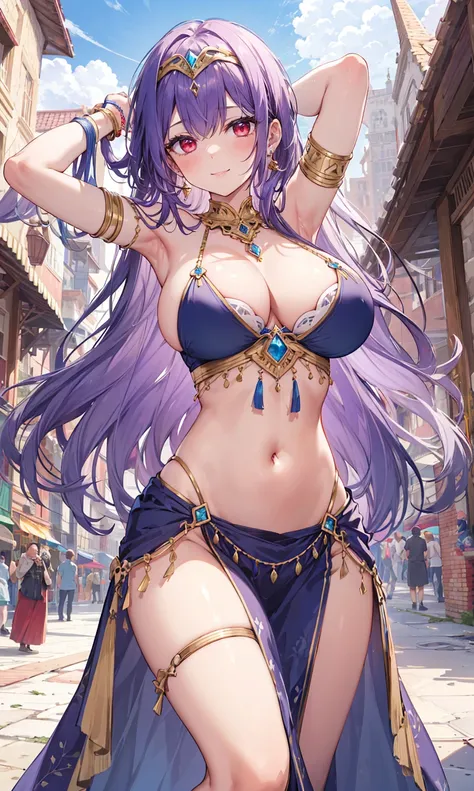 high quality, ultra detailed, best quality, insanely detailed, beautiful, masterpiece, 1girl, medieval plaza, cowboy shot, red eyes, long hair, purple hair, belly dancer, circlet, earrings, armlets, bracelets, bashful smile, large breasts, cleavage, soft s...