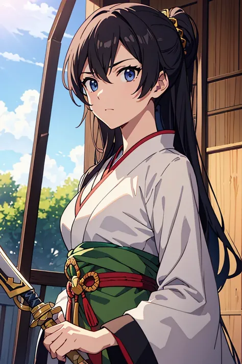 Highest quality, masterpiece, High resolution, alone, （Fire Emblem Ayla），（Fire Emblem: Genealogy of the Holy War），（Half Up_Hairstyle），Long sword，kimono、Nothing，（Armor‗Japan），（Roaring‗Facial Expressions），（Jinhaori），Evening sky_background，Young Girl，Anime St...