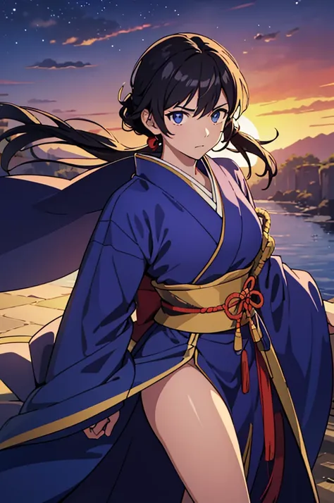 Highest quality, masterpiece, High resolution, alone, （Fire Emblem Ayla），（Fire Emblem: Genealogy of the Holy War），（Half Up_Hairstyle），Long sword，kimono、Nothing，（Armor‗Japan），（Roaring‗Facial Expressions），（Jinhaori），Evening sky_background，Young Girl，Anime St...