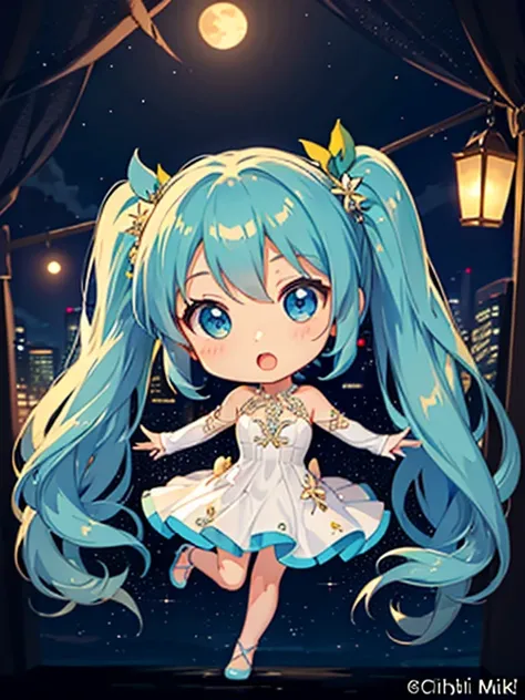 (Evening Dress:1.5), Hatsune Miku, (chibi:1.5), full body, (masterpiece), highest quality