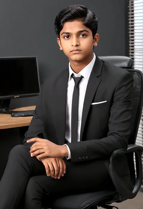 a 17 years old Indian bihari man, honey skin, short black hair, wearing black suit & pant, sitting on black office chair, image fill, best quality, 1080P, HD, 16k, super detail