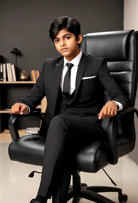 a 17 years old Indian bihari man, honey skin, short black hair, wearing black suit & pant, sitting on black office chair, image fill, best quality, 1080P, HD, 16k, super detail