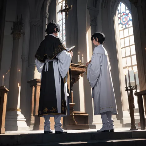 back view black hair boy with white medieval outfit in the satanic altar