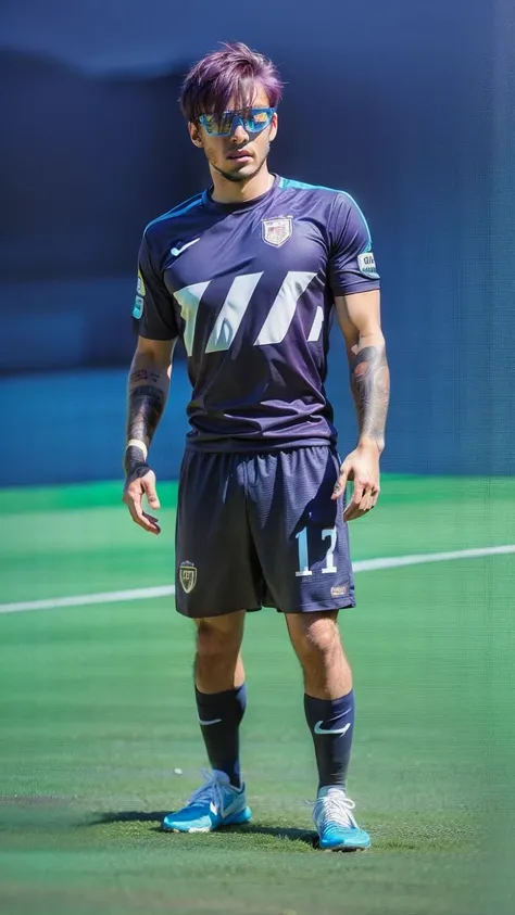 Homem Soccer Player, purple hair, blue glasses