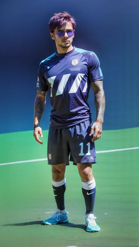 Homem Soccer Player, purple hair, blue glasses