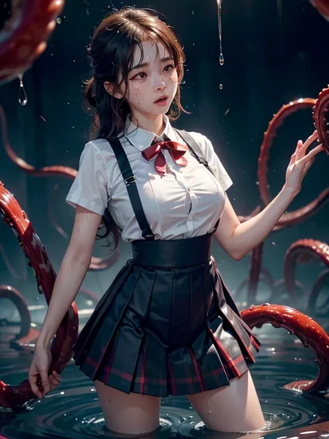 jk school girl uniform , skirt dark red , plaid skirt , pleated skirt , Tight shirt , white Shirt , school girl , red knot , red bow , Ultra high definition、Highest image quality、realistic images、hair cut short、Clothes are soaked and see-through、My clothes...